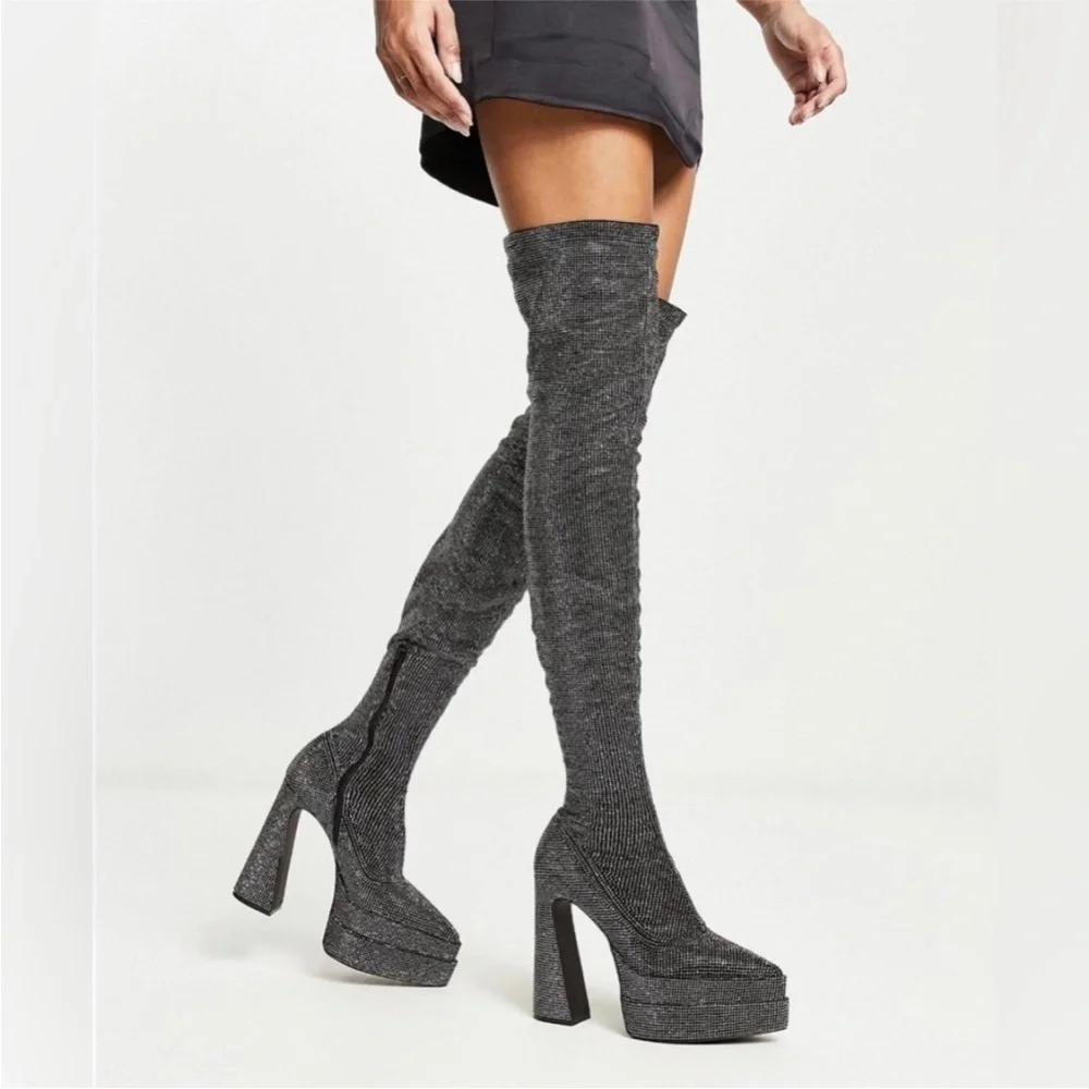Steve Madden Sultry Rhinestone Thigh High Pointy Toe Platform Heeled Boot 8 1/2